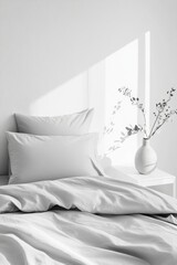 Serene and Cozy Grey Cotton Sateen Pillow in Minimalist Bedroom Interior
