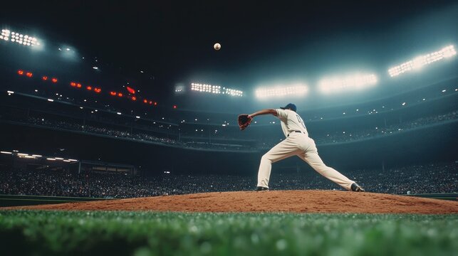 Action-packed moment as a baseball pitcher throws a fastball toward the batter, captured mid-throw in a full stadium.