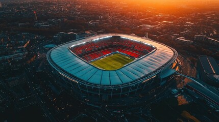 Aerial perspective of Wembley Stadium concert at dusk, the stadium glowing against the soft, fading light of sunset in London.