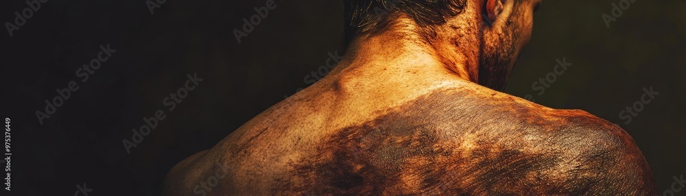 Poster close-up of a person's back illuminated in soft light, highlighting texture and depth. an artistic p