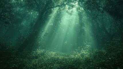 Obraz premium Enchanted forest with sunlight filtering through trees.