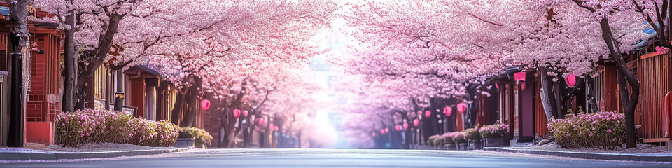 Fototapeta premium A serene street adorned with blooming cherry blossoms, ideal for spring celebrations, festivals, or photography projects.
