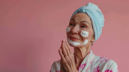 An adult woman carefully applies cream to her face. The concept of facial skin care, the development of cosmetology, advertising of beauty salons.	