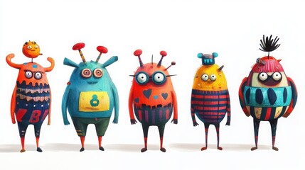 Obraz premium Characters with bold, stylized body proportions, such as large heads and small waists, each emphasizing unique and playful shapes, white background 