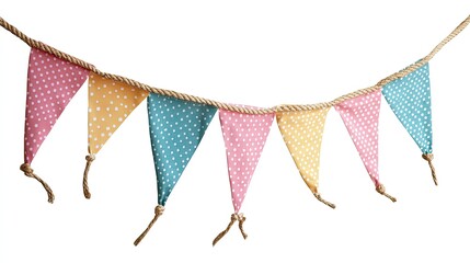 Obraz premium A string of colorful bunting flags with white polka dots hangs on a natural twine rope against a white background.