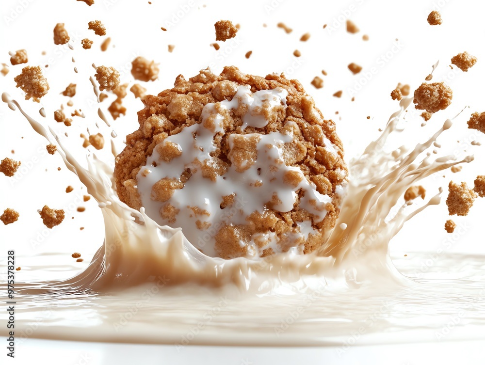 Poster a frosted cookie falling into milk creating a splash.
