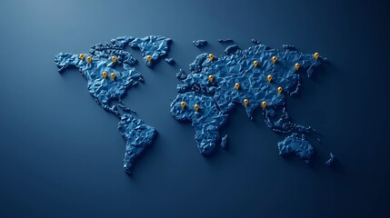 A textured world map with glowing location pins placed on key cities, representing global connectivity, travel, and data networks.