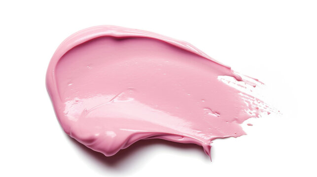Close-up of a single creamy smooth pink smear of heavy makeup or paint isolated on white background