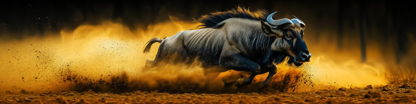 A dramatic capture of a wildebeest running through a dust cloud, perfect for wildlife conservation and safari promotions. Design for Wall Art, Poster Print, Wallpaper & Background
