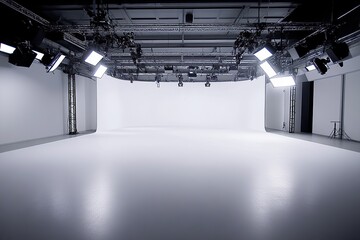 Professional photo of a modern white studio with lights and cameras