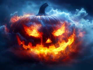 Scary halloween pumpkin with flames coming out of its eyes, nose and mouth on a cloudy night sky background