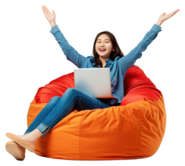 PNG Happy woman using laptop beanbag