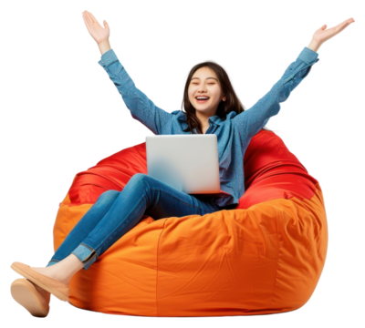 PNG Happy woman using laptop beanbag - Powered by Adobe