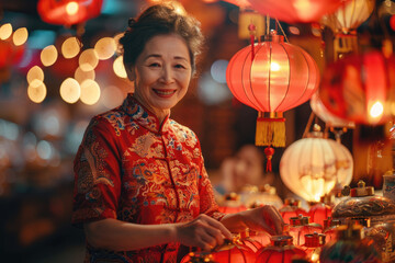 Naklejka premium In the evening, Chinese New Year, young women on the streets