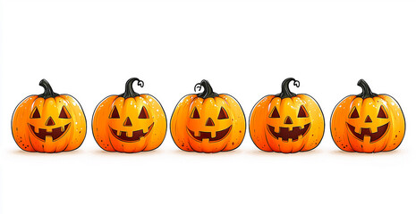 Five carved pumpkins are sitting on a white background, showing their scary faces