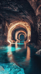 Ancient underground reservoir with stone arches and tranquil water reflects beauty of nature. serene atmosphere invites exploration and wonder
