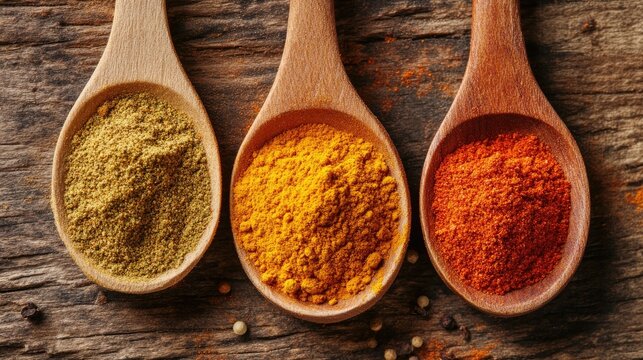 Assorted powder spices like paprika, turmeric, and cumin in wooden spoons, flat lay on a textured wooden background. Earthy tones in focus.