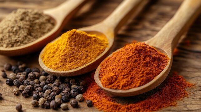 Assorted powder spices like paprika, turmeric, and cumin in wooden spoons, flat lay on a textured wooden background. Earthy tones in focus.