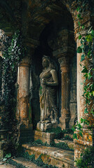 Ancient underground temple complex with crumbling stone structures and statue surrounded by lush greenery. serene atmosphere evokes sense of history and mystery