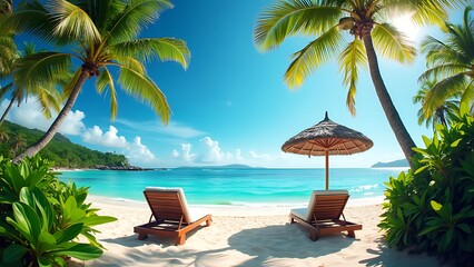 Fototapeta premium Two lounge chairs under a thatched umbrella, surrounded by palm trees on a beautiful beach with turquoise waters and a clear blue sky. Perfect for vacation, relaxation, and travel themes.