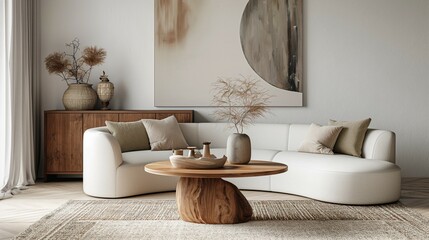 Modern living room interior with sofa and wooden table
