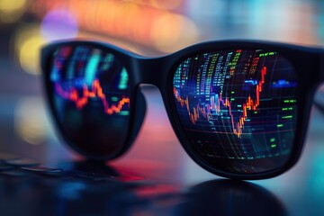 Sunglasses with stock market charts reflecting in the lenses