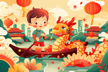 Naklejka premium Illustration of Loong Boat Competition, a traditional Chinese festival