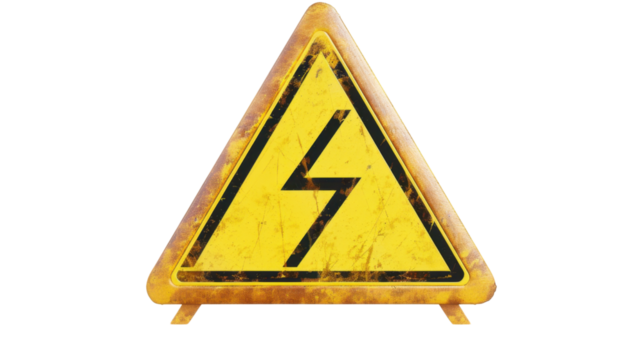 Yellow sign triangular high voltage on transparent background