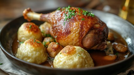 Baked duck leg with crispy skin, served with dumplings and topped with a savory gravy. The meal looks hearty and comforting, perfect for a cozy dinner.