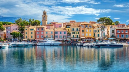 Fototapeta premium Scenic seaside town with vibrant pastel-colored buildings and a bustling harbor, offering a charming travel experience
