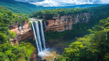 Stunning waterfall cascading down colorful cliffs, surrounded by lush forests, perfect for adventurers and nature lovers