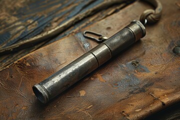 A simple, silver dog whistle lying on a piece of weathered leather
