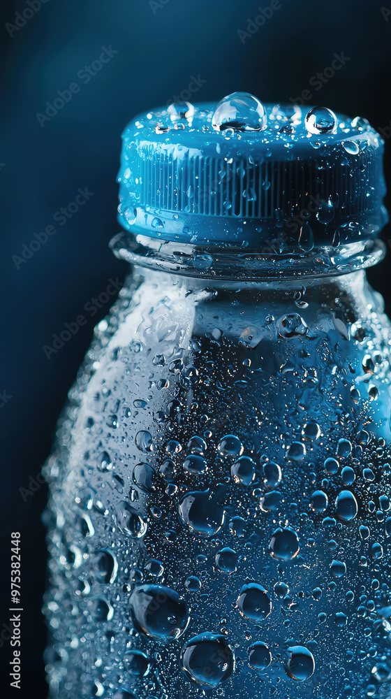 Poster close up of an ice cold water bottle with condensation, showcasing droplets on surface, creating ref