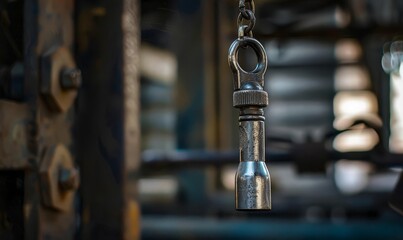 Fototapeta premium A simple, silver whistle hanging from a lanyard on a gym wall