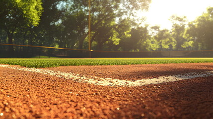 Fototapeta premium Baseball field at sunset, the middle of the field from the first person perspective