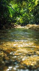 A serene scene of crystal clear water flowing through lush tropical jungle, surrounded by vibrant green foliage and sunlight filtering through leaves, creating tranquil atmosphere