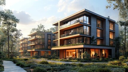 Modern residential buildings in a serene natural setting.