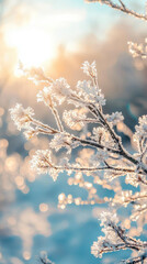 Naklejka premium Frost covered branches sparkle in sunlight, creating magical winter scene. delicate ice crystals glisten beautifully, enhancing serene atmosphere of snowy landscape