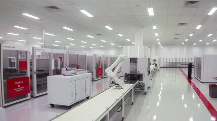 Advanced electric vehicle battery production line with robotic arms assembling lithium-ion cells. Futuristic factory interior featuring conveyor belts, technicians in clean room suits, high-tech machi