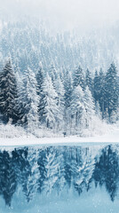 A serene winter landscape featuring frozen lake surrounded by frosted pine trees. tranquil scene reflects beauty of nature, evoking sense of peace and calm