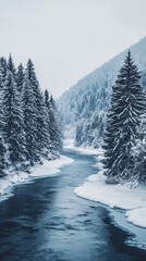 A serene winter landscape featuring frozen riverbank surrounded by snow covered evergreens. tranquil scene evokes sense of calm and beauty in natures winter embrace