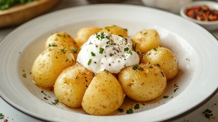 Boiled potatoes with a dollop of sour cream, sprinkled with fresh herbs, served on a white ceramic plate for a simple, delicious meal.