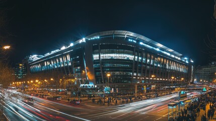 Fototapeta premium Broad angled shot of Santiago Bernabeu stadium with upper deck extension, highlighting its massive scale against a bustling Madrid evening.
