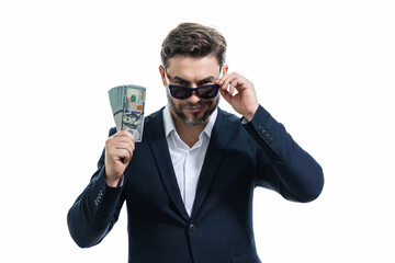 Business man with money banknotes. Male entrepreneur with dollar bills. Lucky boss, insurance agent, manager. Freelancer with cash. Mock up, for white banner with copy space.