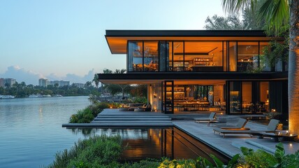 Modern lakeside villa with sleek design and tranquil surroundings.