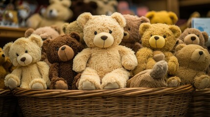 A basket full of soft teddy bears in various shades of brown, creating a warm and inviting display for a toy shop.