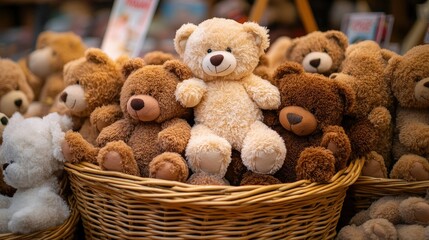 A basket full of soft teddy bears in various shades of brown, creating a warm and inviting display for a toy shop.