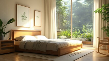 Fototapeta premium A cozy bedroom with a large window overlooking a lush green garden. The room is decorated in a minimalist style with wooden furniture and white linens.