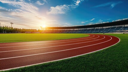 Circular running track in a football stadium, creating a perfect loop around the field, with bright lanes and open skies.