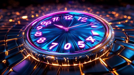 Neon Clock Face with Glowing Numbers and  Abstract Background